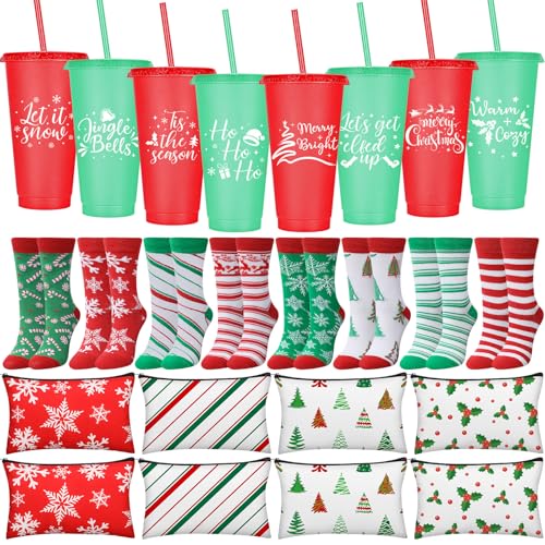 Vesici 24 Pcs Christmas Gifts Sets for Women and Men Include 24 oz Plastic Tumblers Cup with Lids and Straws Christmas Makeup Bags Novelty Xmas Santa Socks for Xmas Party Gifts - Image 1