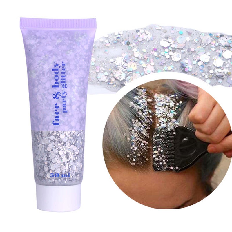 DAGEDA Body Glitter Gel Body Sequins Shimmer Liquid Eyeshadow Chunky Glitter for Face Hair Nails Holographic Cosmetic Laser Powder Festival Glitter Makeup 50mlSilver
