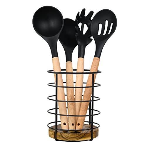 Tribello Modern Farmhouse Utensil Holder for Kitchen Counter Wooden and Wire Cooking Utensil Holder for Countertop Kitchen Decor - Image 3