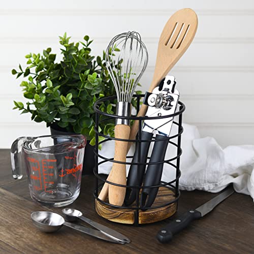 Tribello Modern Farmhouse Utensil Holder for Kitchen Counter Wooden and Wire Cooking Utensil Holder for Countertop Kitchen Decor - Image 2