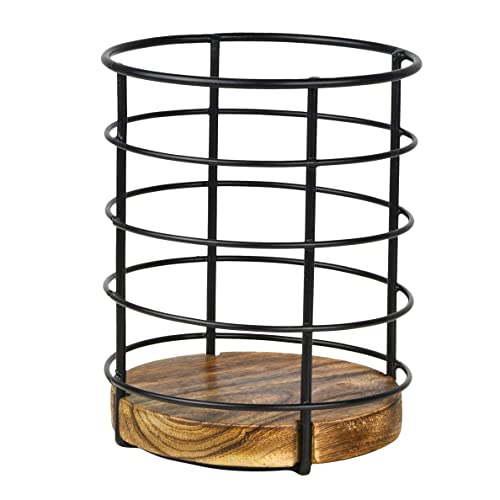 Tribello Modern Farmhouse Utensil Holder for Kitchen Counter Wooden and Wire Cooking Utensil Holder for Countertop Kitchen Decor - Image 5
