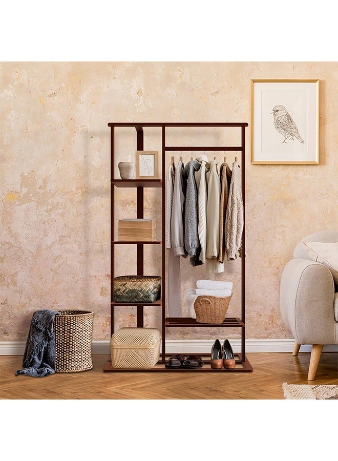 Bamboo Clothes Rack Stand Hanger Wood Clothing Hanging Rail Free Standing Garment Rack with 5 Tier Storage Shelves Tidy Rail Shoe Rack for Clothes Hats Bags  - Image 2