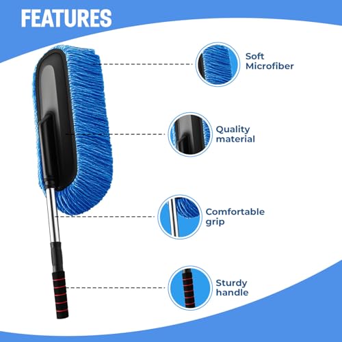 Maxoshine Microfiber Car Duster Brush with Extendable Handle | Dusting Brush for Interior & Exterior | Scratch-Free Cleaning Microfiber Duster for Car & Home Cleaning (Blue) - Image 2