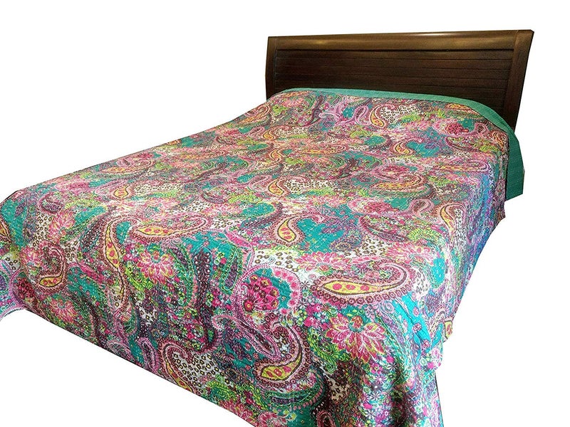 Textile art Creations Creations Traditional Ethnic Kantha Indian Bedding Emerald Cotton Tropical Fruit Hand Stitched Bedding Bed Cover by Textile art Creations Creations90x108 Inch - Image 3