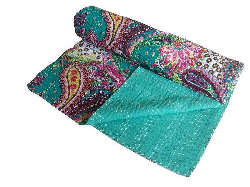 Textile art Creations Creations Traditional Ethnic Kantha Indian Bedding Emerald Cotton Tropical Fruit Hand Stitched Bedding Bed Cover by Textile art Creations Creations90x108 Inch - Image 2