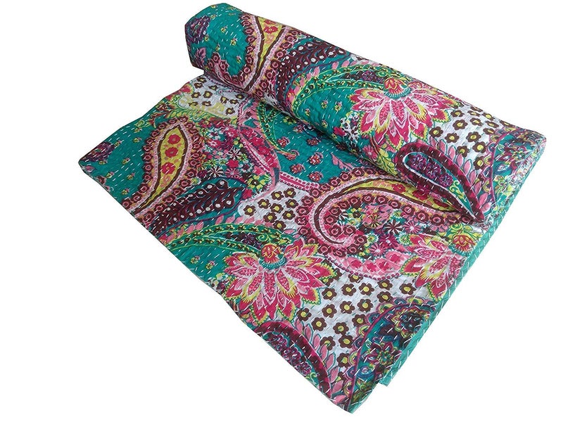 Textile art Creations Creations Traditional Ethnic Kantha Indian Bedding Emerald Cotton Tropical Fruit Hand Stitched Bedding Bed Cover by Textile art Creations Creations90x108 Inch - Image 1