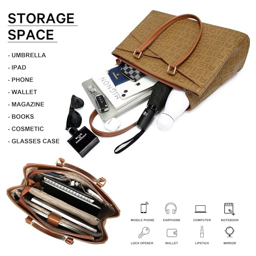 Queenoris Tote Bag for Women, 15.6 inch Laptop Large Capacity Top Handle Handbag Work Bags Computer Bag Office Briefcase (Light Coffee Brown) - Image 5