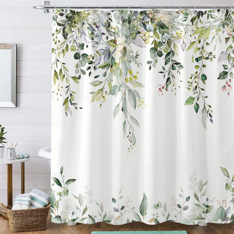 kampdream Eucalyptus Plant Rustic Shower Curtain, Watercolor Leaves On The Top Country Farm House Shower Curtain, Spring Botanical Bathroom Curtain 72 Ã—72 Inch - Image 2