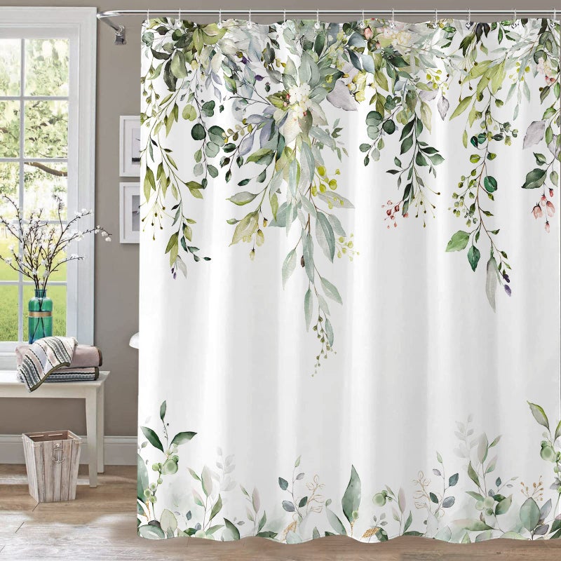 kampdream Eucalyptus Plant Rustic Shower Curtain, Watercolor Leaves On The Top Country Farm House Shower Curtain, Spring Botanical Bathroom Curtain 72 Ã—72 Inch - Image 1