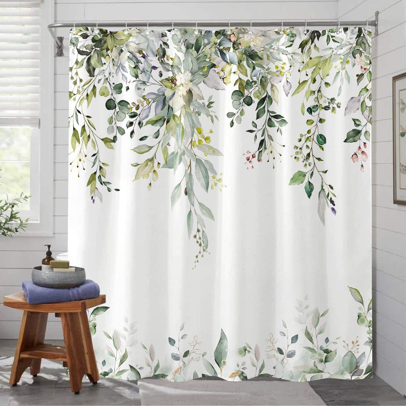kampdream Eucalyptus Plant Rustic Shower Curtain, Watercolor Leaves On The Top Country Farm House Shower Curtain, Spring Botanical Bathroom Curtain 72 Ã—72 Inch - Image 3