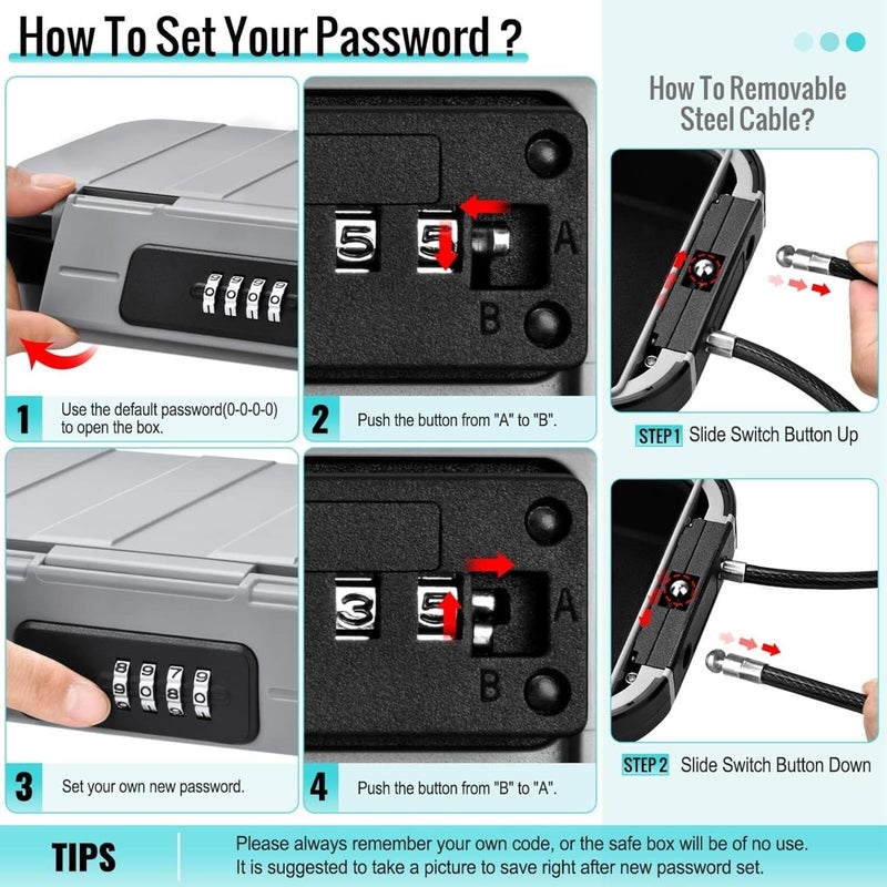 Bluejw Portable Security Box With Code, Combination Security Case Lock Box Waterproof, With Removable Wire Rope Security Safe Box For Hotel Travel Swimming Beach-23.5*14*6Cm - Image 3