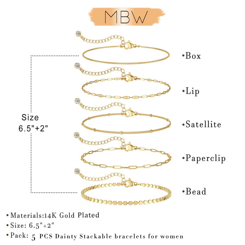 MBW Dainty 14K Gold Plated Bracelets for Women, Stackable Satellite Paperclip Lip Bracelet Set Tiny Lip Dot Chain Box Link for Handmade Gift Minimalist Cute Trendy Jewelry Gold Accessories for Women - Image 4