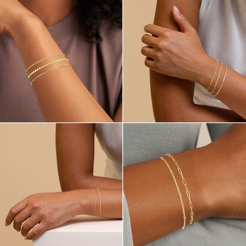 MBW Dainty 14K Gold Plated Bracelets for Women, Stackable Satellite Paperclip Lip Bracelet Set Tiny Lip Dot Chain Box Link for Handmade Gift Minimalist Cute Trendy Jewelry Gold Accessories for Women - Image 3