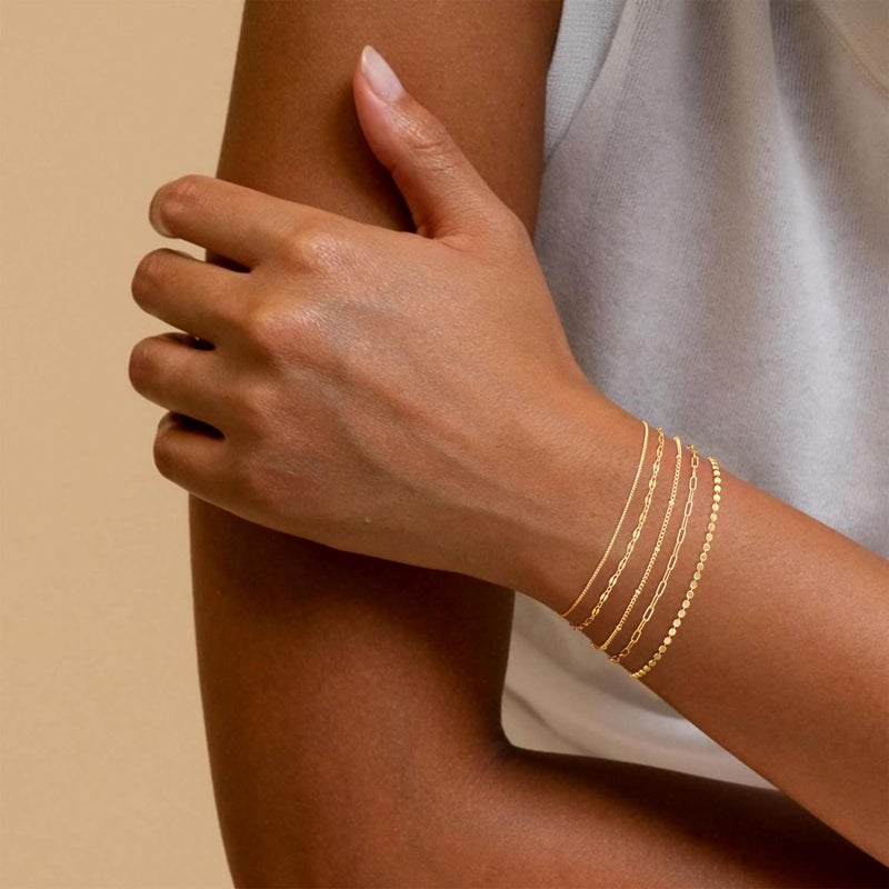 MBW Dainty 14K Gold Plated Bracelets for Women, Stackable Satellite Paperclip Lip Bracelet Set Tiny Lip Dot Chain Box Link for Handmade Gift Minimalist Cute Trendy Jewelry Gold Accessories for Women - Image 2
