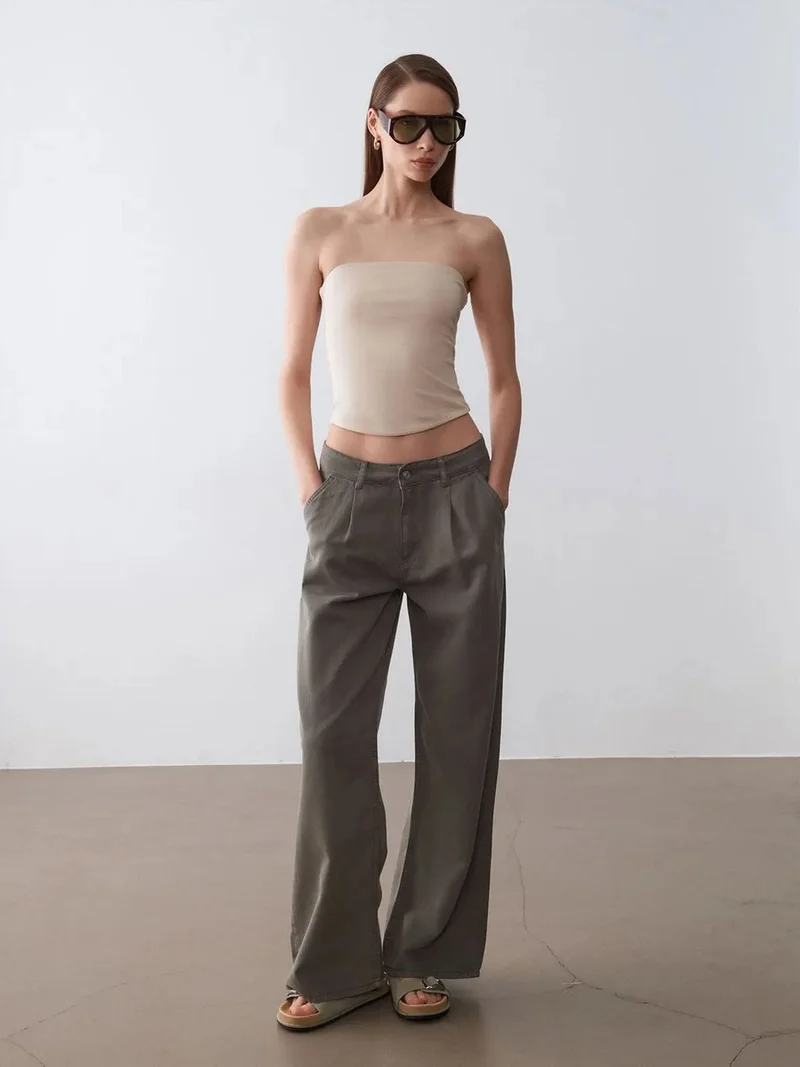 ديلفين Dilvin Mid-Waist Wide-Leg Pleated Trousers