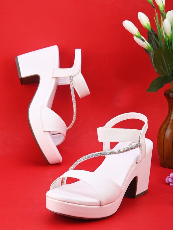 XE Looks Women's White Sandals with Stylish Block Heel | Glittery Side Strap & Secure Back Support | Comfort Cushion Sole for Long Wear | Trendy Design Heels For Girls & Women - Image 2