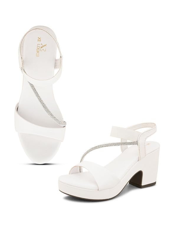XE Looks Women's White Sandals with Stylish Block Heel | Glittery Side Strap & Secure Back Support | Comfort Cushion Sole for Long Wear | Trendy Design Heels For Girls & Women - Image 1