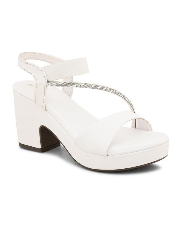 XE Looks Women's White Sandals with Stylish Block Heel | Glittery Side Strap & Secure Back Support | Comfort Cushion Sole for Long Wear | Trendy Design Heels For Girls & Women - Image 5