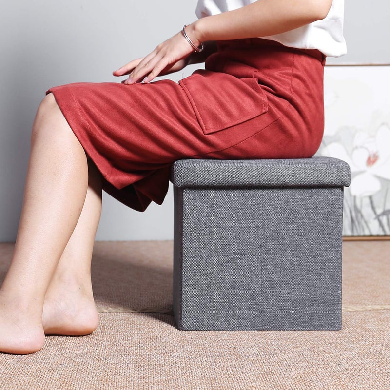 ASUVI Foldable Organizer Stool Chest Storage Box with Lid MultiFunctional Collapsible Ottoman Footrest Seat Footstool Fabric Grey - Image 2