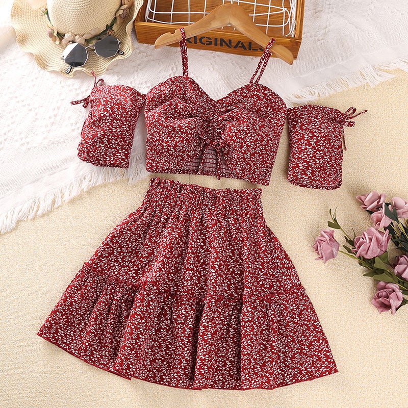 Cross-border childrens clothing 2024 summer new European and American suspenders pleated short sleeve top floral overskirt explosion girls suit Red