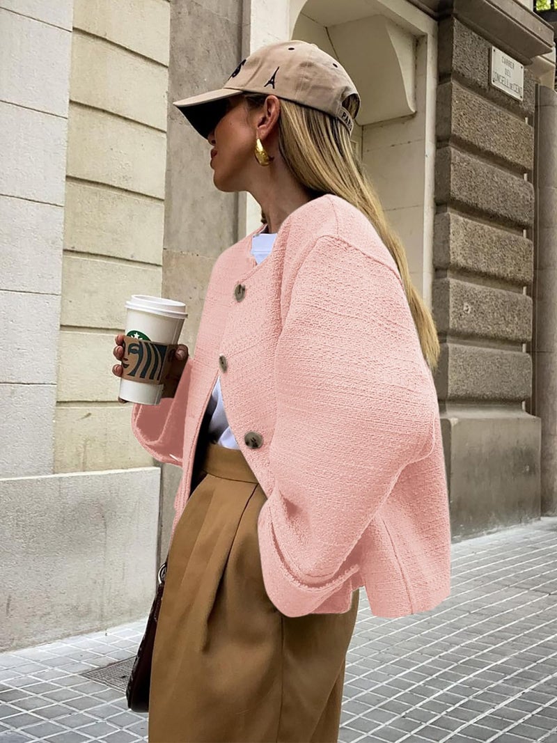 BZB Women's Fall Fashion Tweed Jacket Long Sleeve Blazer Coats Button Business Casual Work Tops with Pockets Pink - Image 2