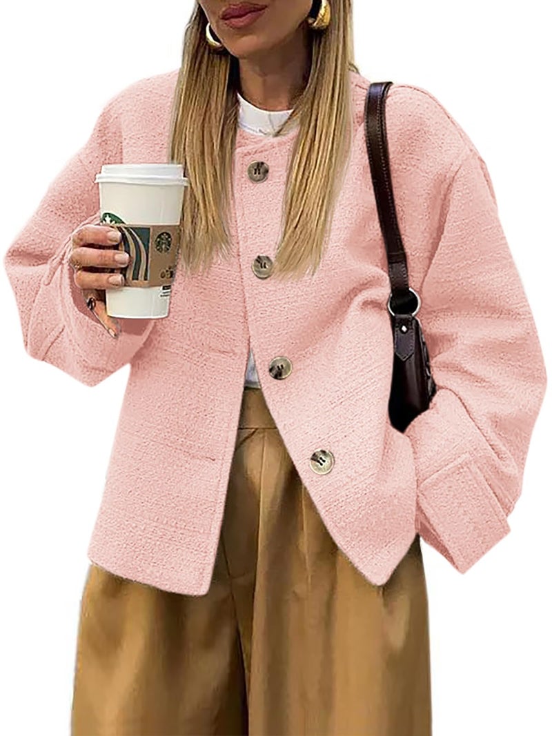BZB Women's Fall Fashion Tweed Jacket Long Sleeve Blazer Coats Button Business Casual Work Tops with Pockets Pink - Image 1