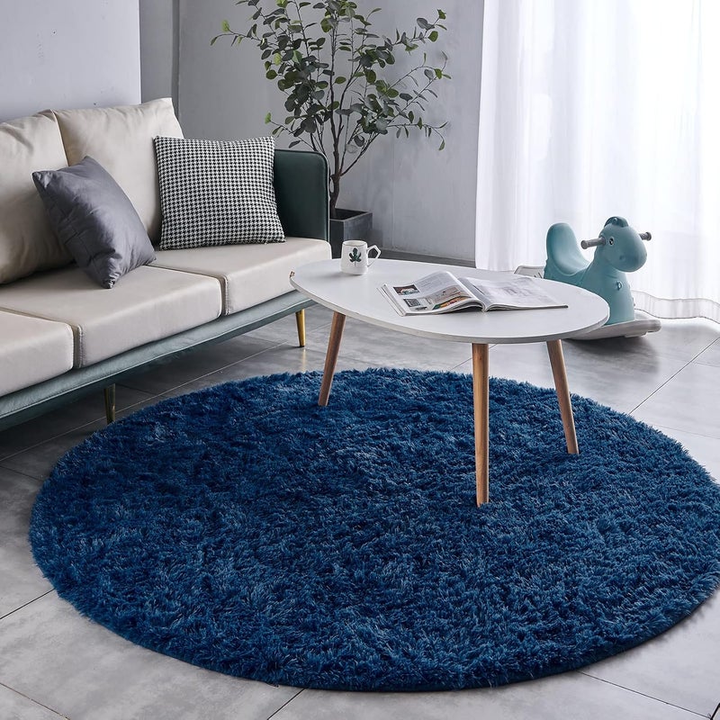 FJZFING Navy Blue Round rug Ultra-Soft Plush Modern 4x4 Circle Area for Kid's & Nursery Room, Fluffy Shag Non-Slip Home Decor Cute Carpet - Image 2