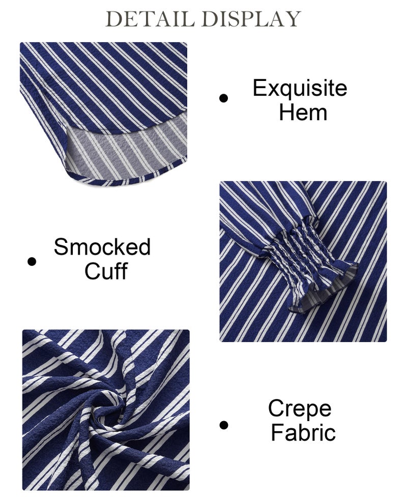Gleeivy Women's Puff Long Sleeve Button Down Striped Tunic Shirt Oversized Boyfriend Casual V Neck Collar High Low Hem Dressy Business Fashion Clothes Fashion Spring Outfits Blue Striped Large - Image 5