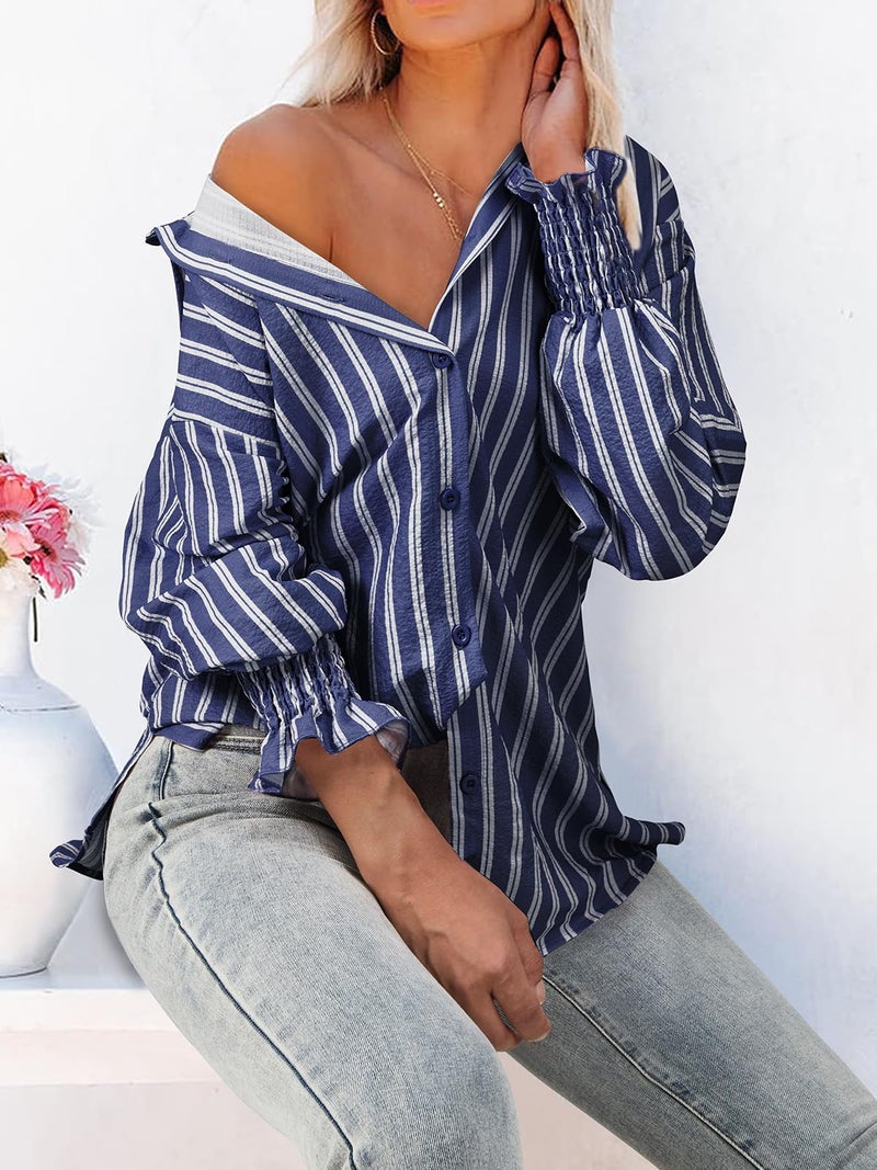 Gleeivy Women's Puff Long Sleeve Button Down Striped Tunic Shirt Oversized Boyfriend Casual V Neck Collar High Low Hem Dressy Business Fashion Clothes Fashion Spring Outfits Blue Striped Large - Image 4