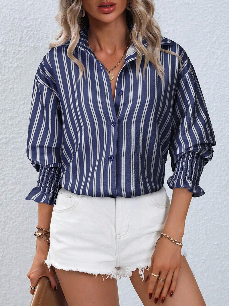Gleeivy Women's Puff Long Sleeve Button Down Striped Tunic Shirt Oversized Boyfriend Casual V Neck Collar High Low Hem Dressy Business Fashion Clothes Fashion Spring Outfits Blue Striped Large - Image 2