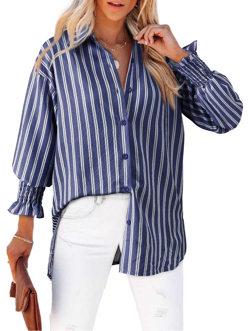 Gleeivy Women's Puff Long Sleeve Button Down Striped Tunic Shirt Oversized Boyfriend Casual V Neck Collar High Low Hem Dressy Business Fashion Clothes Fashion Spring Outfits Blue Striped Large - Image 1