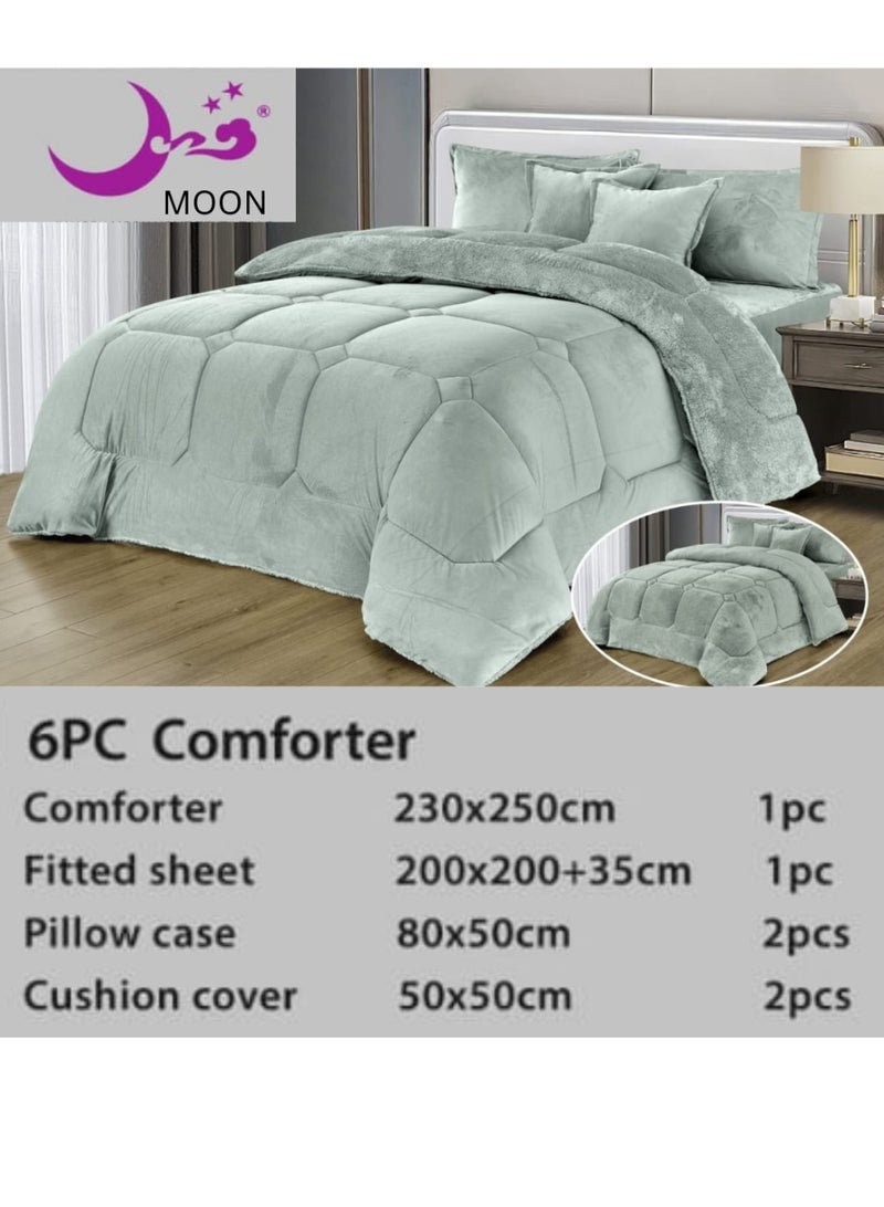 مون لحاف شتوي مزدوج الجوانب، مخمل وفرو - طقم لحاف من 6 قطع (لحاف واحد + واقي مرتبة مرن + 4 أكياس وسائد مزخرفة) - Image 3