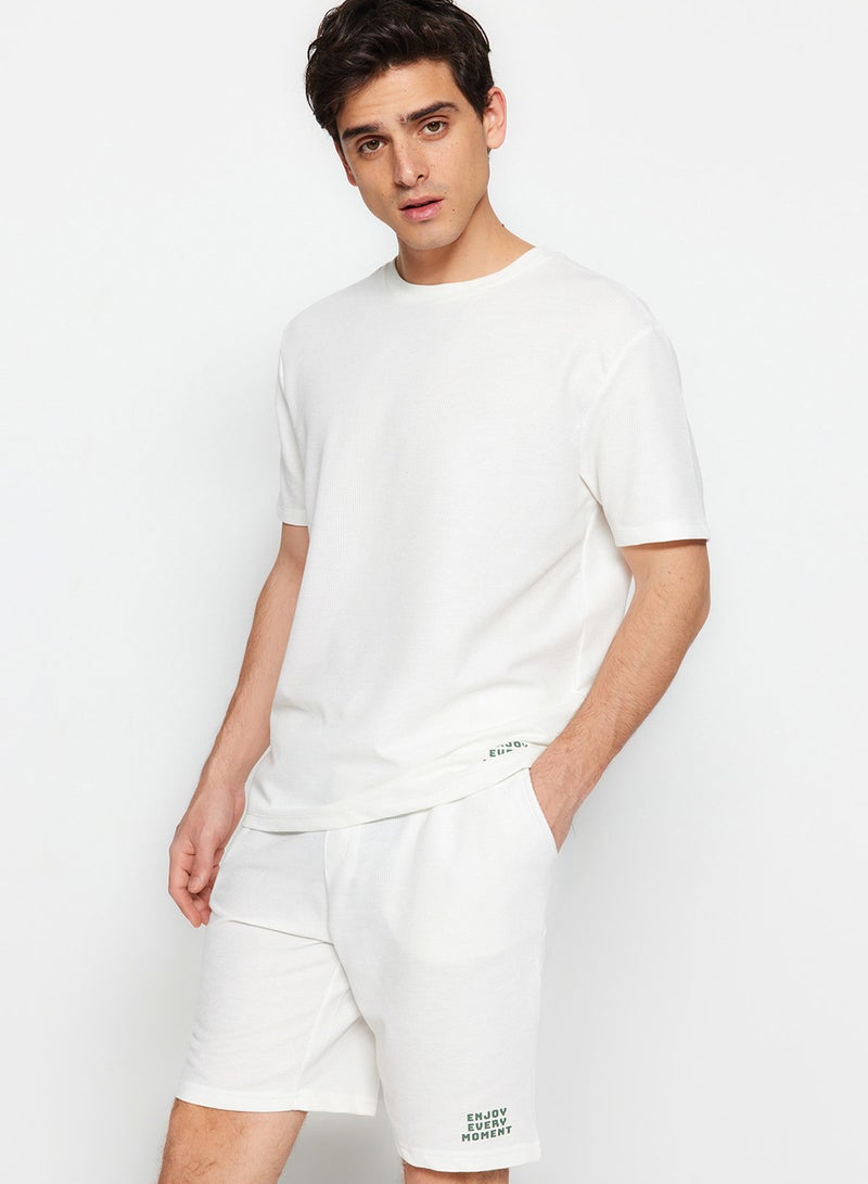 trendyol Unisex Ecru Regular Fit Knitted Shorts Pajamas Set TMNSS23PT00032 - Image 2