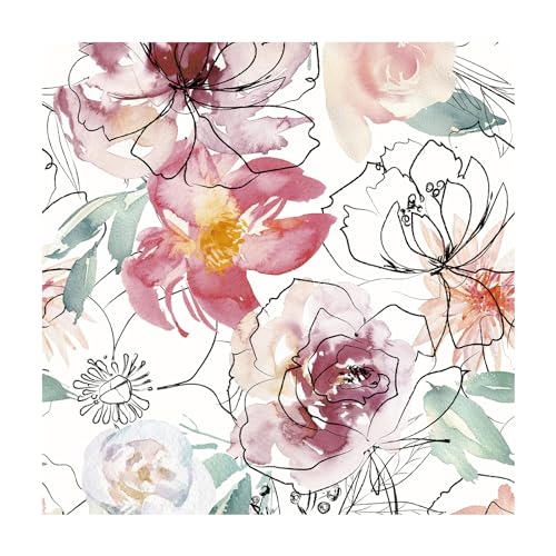 JiffDiff Floral Peel and Stick Wallpaper Pink Peony Wall Paper Nursery Watercolor Self Adhesive Wall Mural Stick on Paper(17.3"x 118") - Image 1