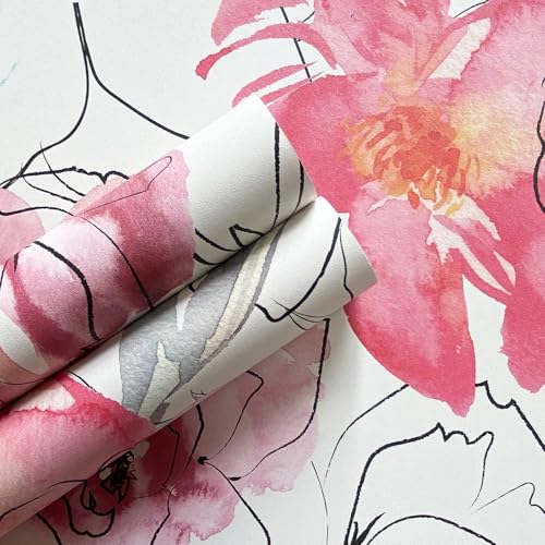 JiffDiff Floral Peel and Stick Wallpaper Pink Peony Wall Paper Nursery Watercolor Self Adhesive Wall Mural Stick on Paper(17.3"x 118") - Image 2