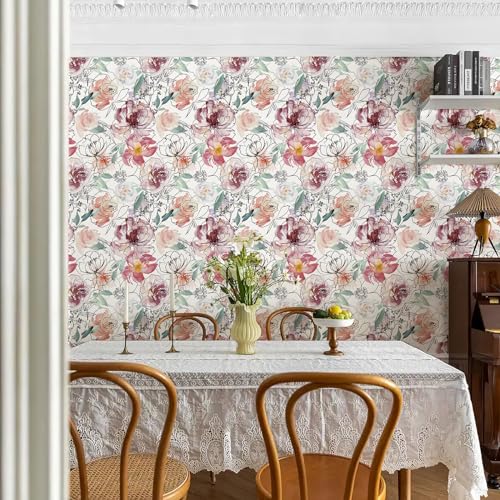 JiffDiff Floral Peel and Stick Wallpaper Pink Peony Wall Paper Nursery Watercolor Self Adhesive Wall Mural Stick on Paper(17.3"x 118") - Image 5