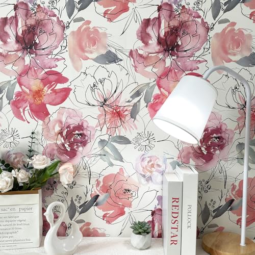 JiffDiff Floral Peel and Stick Wallpaper Pink Peony Wall Paper Nursery Watercolor Self Adhesive Wall Mural Stick on Paper(17.3"x 118") - Image 3