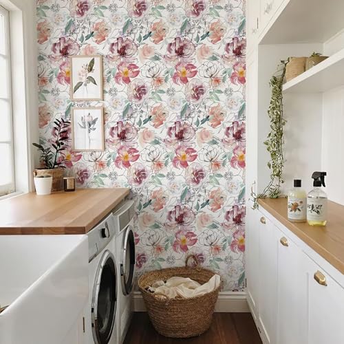 JiffDiff Floral Peel and Stick Wallpaper Pink Peony Wall Paper Nursery Watercolor Self Adhesive Wall Mural Stick on Paper(17.3"x 118") - Image 4