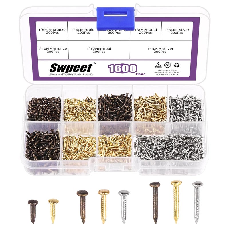 Swpeet 1600Pcs 6/8/10mm 3 Colors Small Copper-plated Hardware Tiny Screws/Nails Kit Including Gold Silver Bronze Boxed Tiny Wooden Screws Mini Nails for Compact Antique DIY Decorative Box Accessories - Image 1