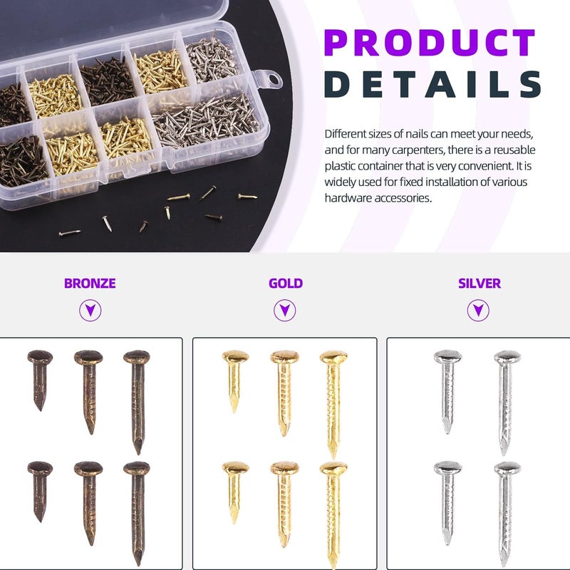 Swpeet 1600Pcs 6/8/10mm 3 Colors Small Copper-plated Hardware Tiny Screws/Nails Kit Including Gold Silver Bronze Boxed Tiny Wooden Screws Mini Nails for Compact Antique DIY Decorative Box Accessories - Image 4