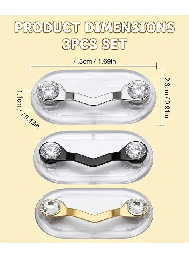 Wffo 3 Pcs Magnetic Eyeglass Holder - Rhinestone Specs Holder - Stainless Steel Name Tag Badge Sunglasses Clip Magnet Hook Pins onto Clothes to Keep Eyewear Safe - Eyeglass Holders for Men and Women (Black/Silver/Gold) - Image 2