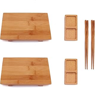 BambooMN BambooMN Bamboo Sushi Board Tray, Chopsticks and Compartment Sauce Dish, 8.3" Rectangle - 2 Sets  - Image 1