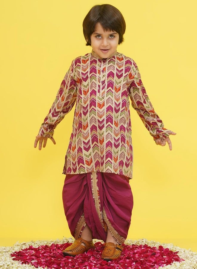 AJ DEZINES Kids Cotton Full Sleeve Abstract Printed Purple Dhoti Kurta Set for Boys - Ethnic Wear | Traditional | Festival Wear for boys - Regular Fit (1949-PURPLE-0) - Image 2
