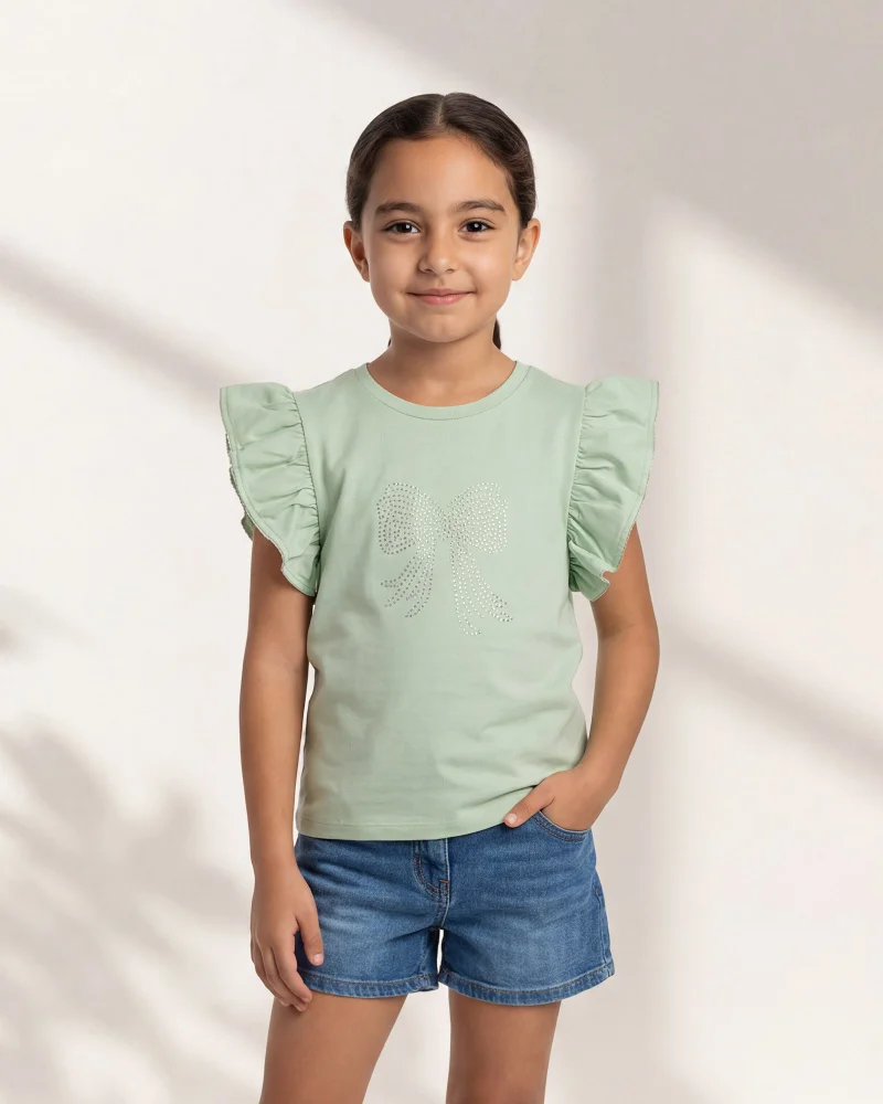 Redtag Girls Green Bow Rhinestone Embellished T-Shirt