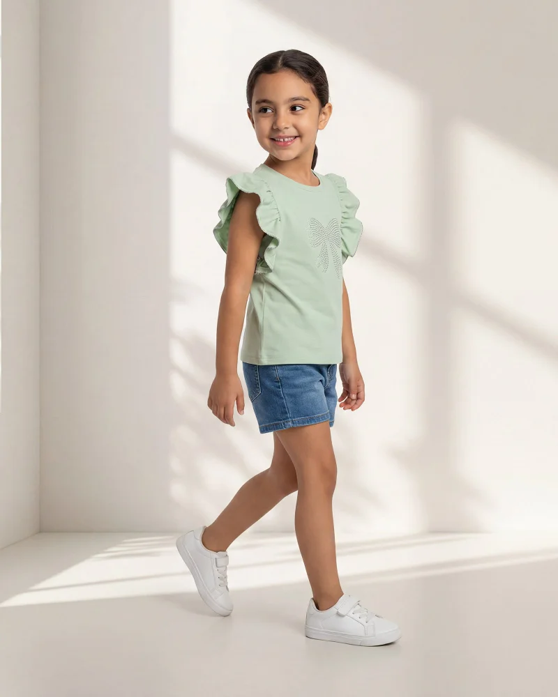 Redtag Girls Green Bow Rhinestone Embellished T-Shirt