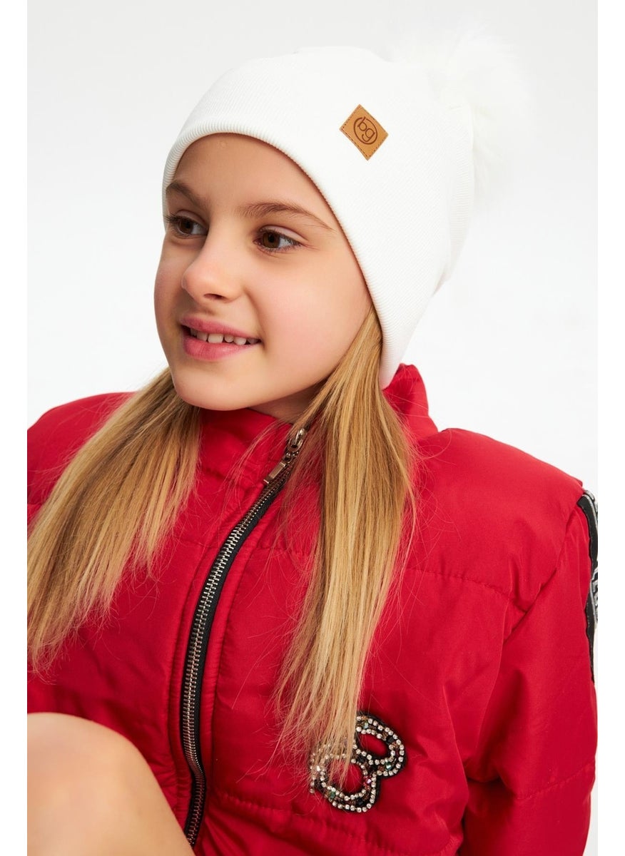Babygiz White Girl's Fur Pompom Hat Beanie Cotton Camisole  - Image 1