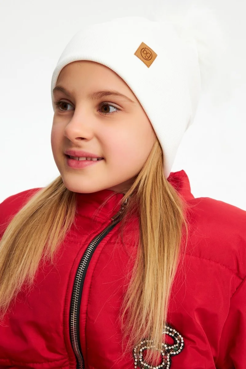 Babygiz White Girl's Fur Pompom Hat Beanie Cotton Camisole