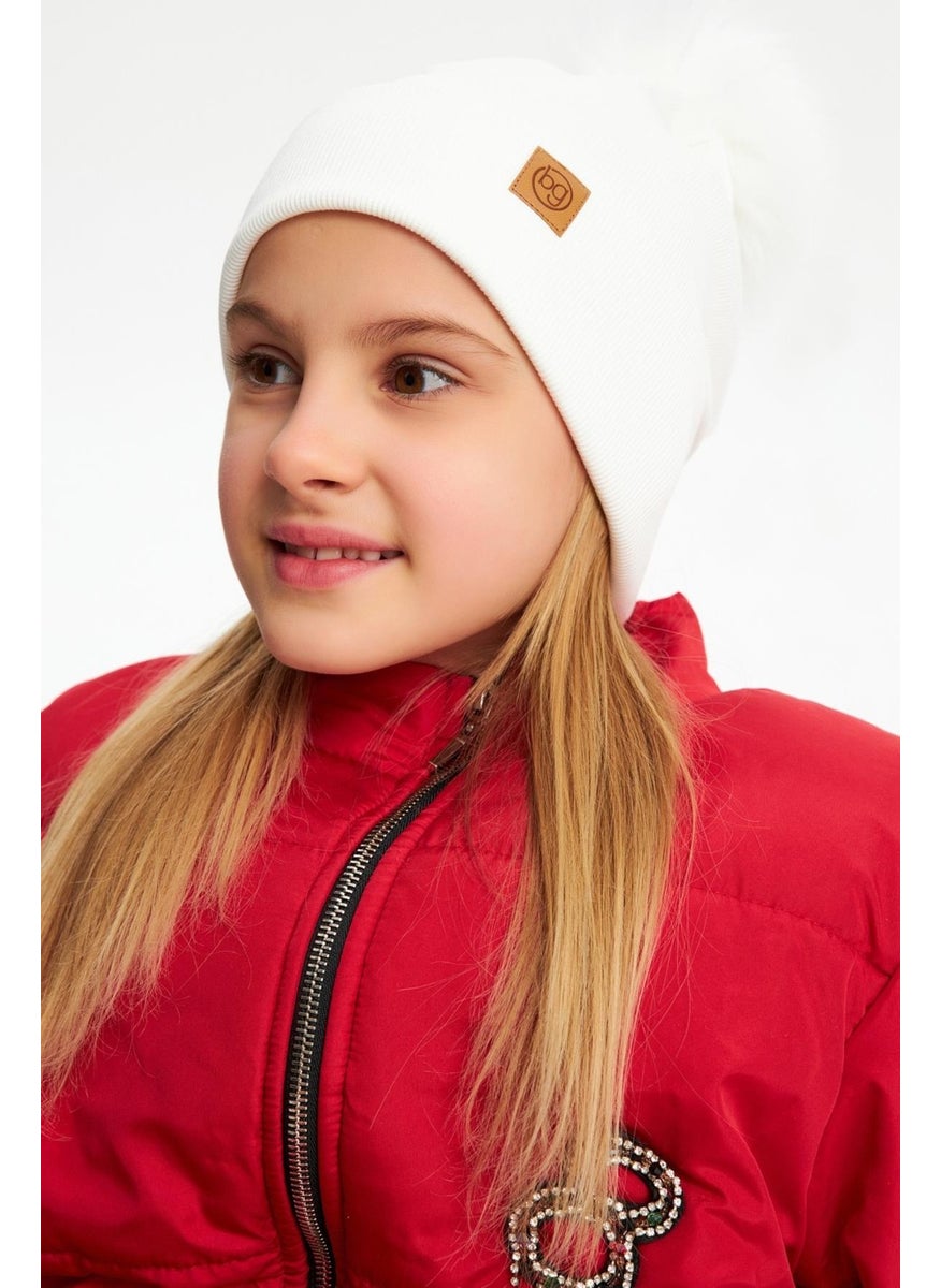Babygiz White Girl's Fur Pompom Hat Beanie Cotton Camisole  - Image 3