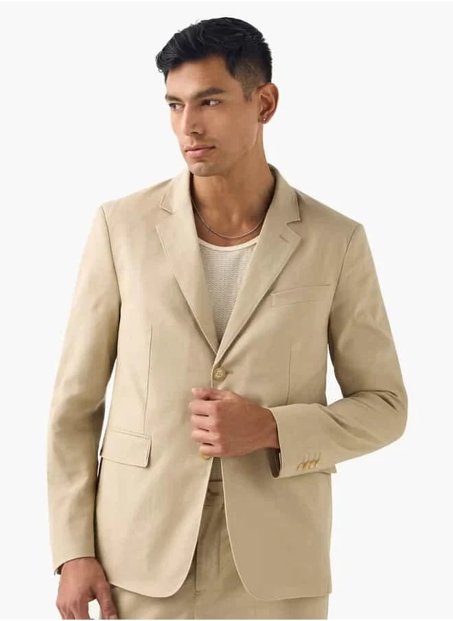 ايكونيك Iconic Notched Lapel Linen Blazer with Long Sleeves and Pockets