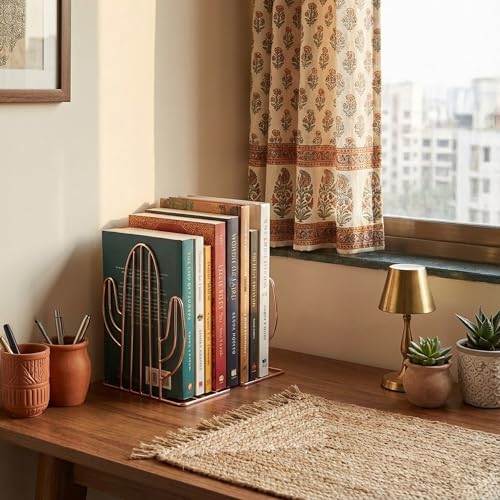 oddpod™ Rose Gold Cactus Decorative Metal Bookends/Non-Slip Desktop Book Shelf Organiser for Office Decor, Home, Living Room, School & Library (Set of 2) - Image 2